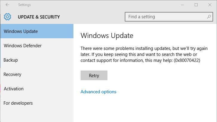 reparar o código de erro do Windows 10 0x80070422
