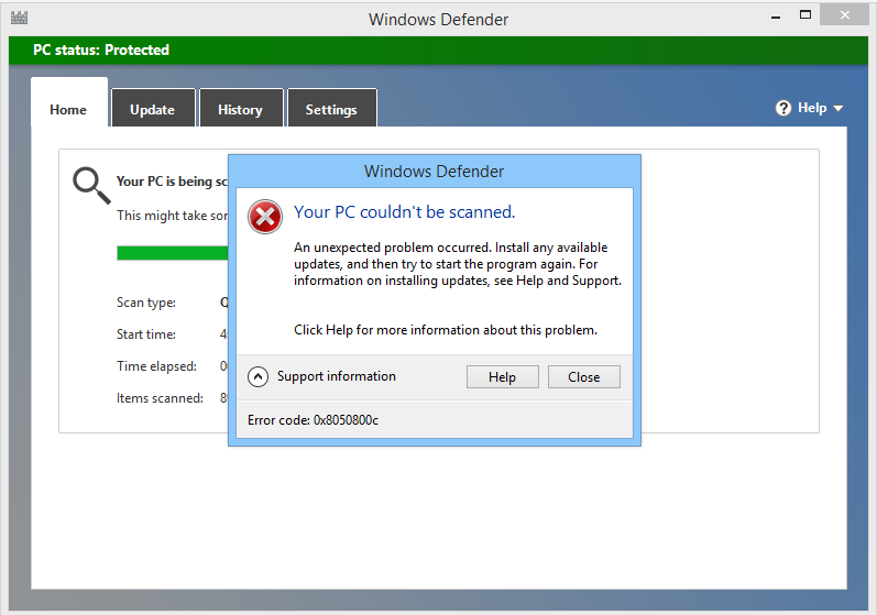 remova o código de erro do Windows Defender 0x8050800c