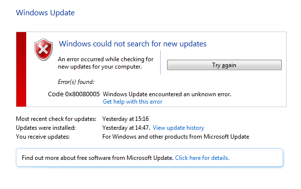 se livrar do Windows Update Error Code 0x80080005