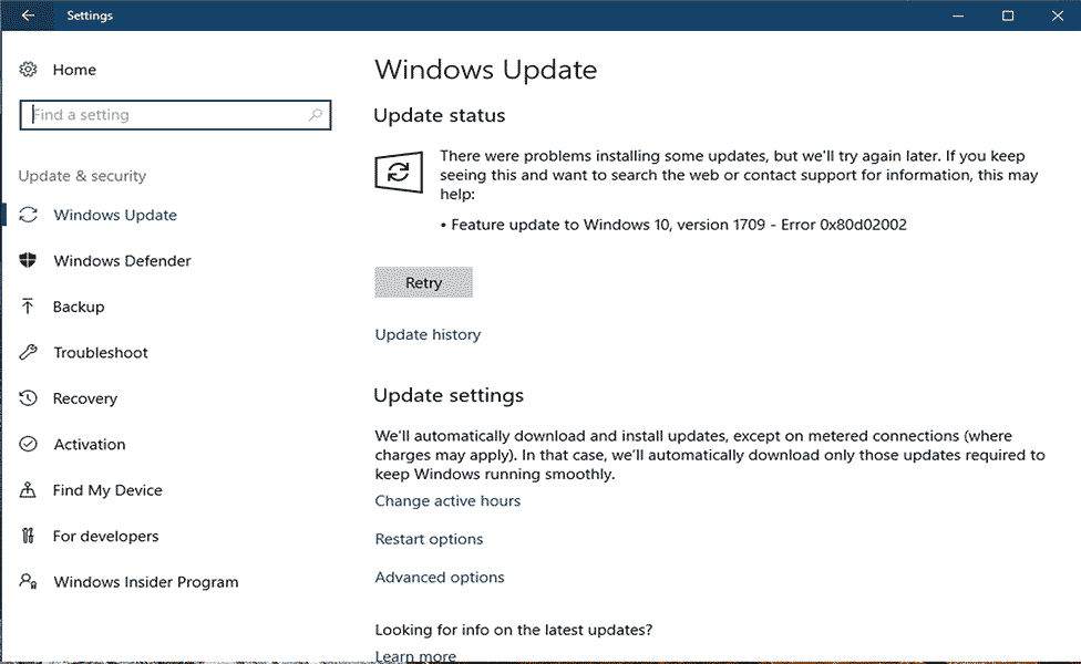 remover o erro de atualização do Windows 0x80d02002