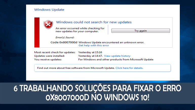 código de erro do Windows 10 0x8007000d