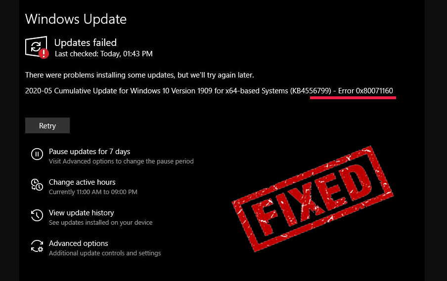 erro de atualização do Windows 10 0x80071160