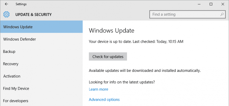 página do Windows Atualizar