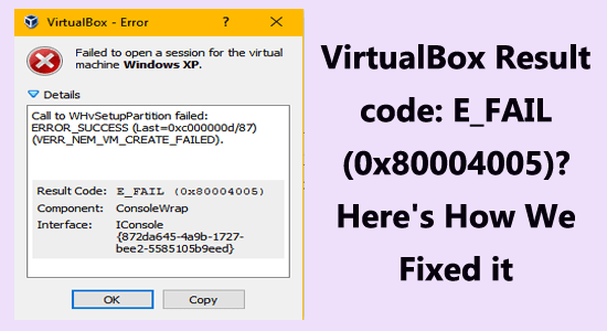 caixa virtual E_FAIL (0x80004005)